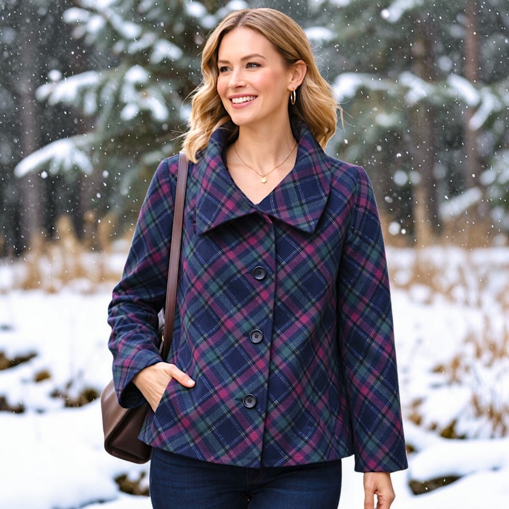 Talbots Plaid Wool Blend Jacket 18W Pea Coat Pocket Swing Lined Oversized Collar - Picture 15 of 16